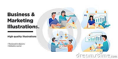 Mega Set Flat Business Marketing Illustrations vector graphic of Collection scenes with men and women taking part in business Vector Illustration