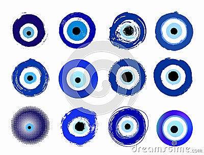 Mega set of grunge hand drawn Turkish evil eye. Mandala greek evil eye. Symbol of protection in Greece, Cyprus. Amulet from evil Vector Illustration