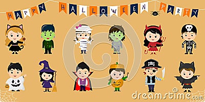 Mega set of Halloween party characters. Twelve cute children in different costumes for Halloween isolated on an orange background. Vector Illustration