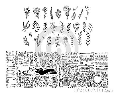 Mega set of hand drawing page dividers borders and arrow, doodle floral design elements Vector Illustration