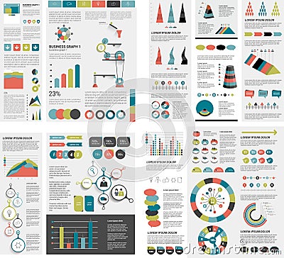 Mega set of infographics elements charts, graphs, circle charts, diagrams, speech bubbles. Flat and 3D design. Vector Illustration