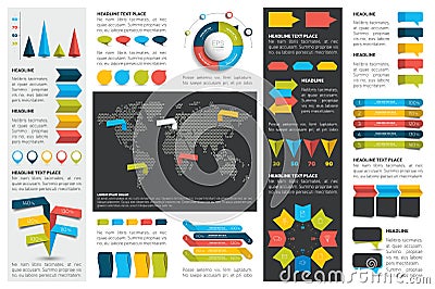 Mega set of infographics elements charts, graphs, circle charts, diagrams, speech bubbles. Flat and 3D design. Vector Illustration