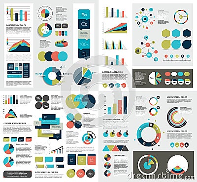 Mega set of infographics elements charts, graphs, circle charts, diagrams, speech bubbles. Flat and 3D design. Vector Illustration