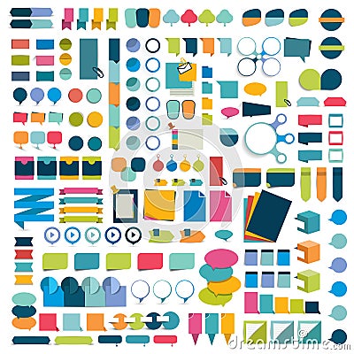 Mega set infographics flat design elements, schemes, charts, buttons, speech bubbles, stickers. Vector Illustration