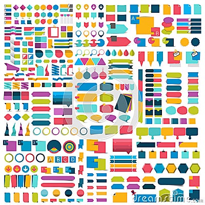 Mega set of infographics flat design elements, schemes, charts, buttons, speech bubbles, stickers. Vector Illustration