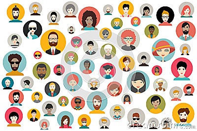 Mega set of persons, avatars, people heads different nationality in flat style. Vector Illustration