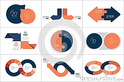 Mega set of two elements, steps chart, diagram, scheme. Circle, round design Vector Illustration