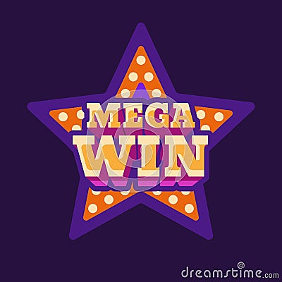 Mega win casino purple star retro sign flat illustration Vector Illustration