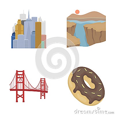 A megacity, a grand canyon, a golden gate bridge,donut with chocolate. The US country set collection icons in cartoon Vector Illustration