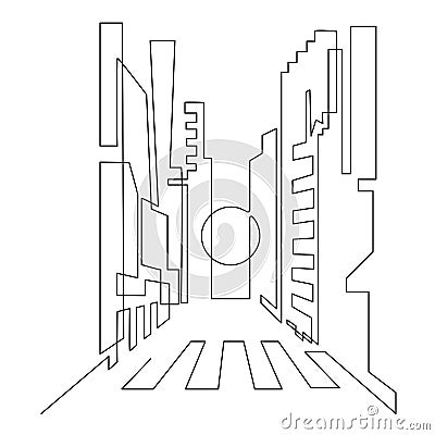 Megacity with skyscrapers. High-rise buildings on the sides of the road. Sunrise or sunset or moon. Continuous line drawing. Vector Illustration