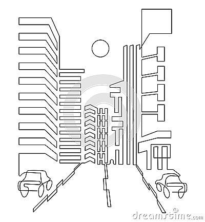 Megacity with skyscrapers. High-rise buildings on the sides of the road. Sunrise or sunset or moon. Continuous line drawing. Vector Illustration