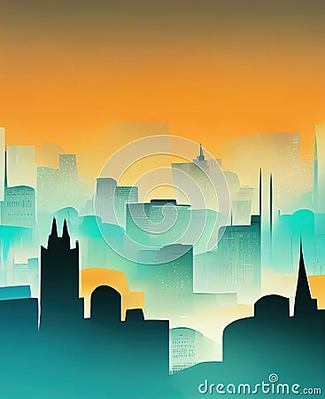 Megacity with skyscrapers landscape at sunset flat illustration. Digital illustration based on render by neural network Cartoon Illustration