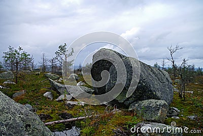 Megalithic stone -`seid`, on mountain Vottovaara, Karelia, Russiastone - Stock Photo