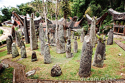 Megaliths or menhirs of Tana Toraja. Old torajan burial site in a village Bori, Rantepao, Sulawesi, Indonesia. Stock Photo