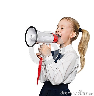 Megaphone Announcement, School Child Girl Announce Scream, White Stock Photo