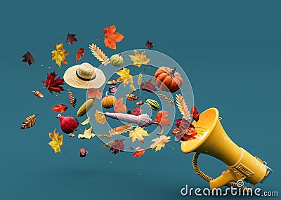 The megaphone announces the arrival of autumn. Autumn symbols coming out from the megaphone on turquoise blue background. Stock Photo