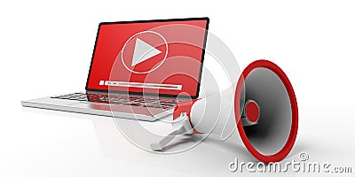 Megaphone, bullhorn and Video player on a computer scree, white background. 3d illustration Cartoon Illustration