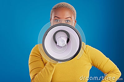 Megaphone, change and speaker with black woman in studio for awareness, democracy and opinion. Vote, announcement and Stock Photo