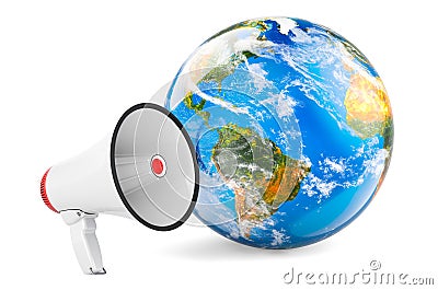 Megaphone with Earth Globe. Global promotion concept, 3D rendering Stock Photo