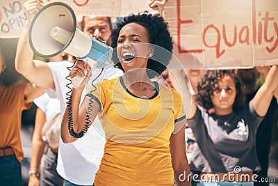 Megaphone, freedom or women equality protest for global change, gender equality or black woman speaker fight for support Stock Photo