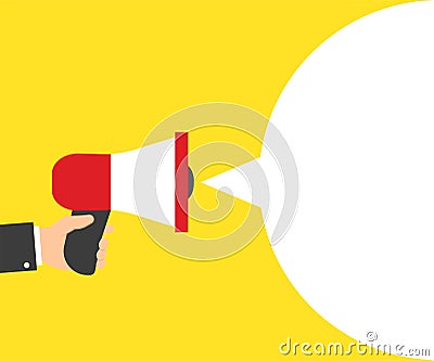 Megaphone in hand, background for text. Flat cartoon success illustration Cartoon Illustration