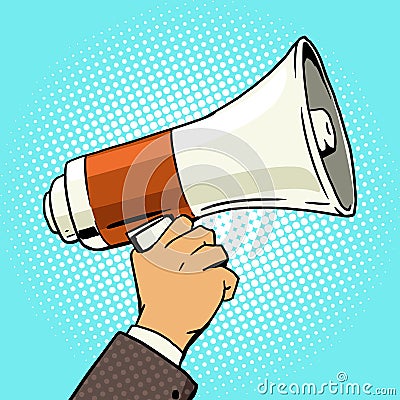 Megaphone in hand pop art style vector Vector Illustration