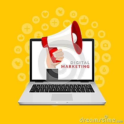 Megaphone from laptop, digital marketing vector flat concept design. Business advertising promotion marketing technology Vector Illustration