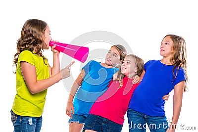 Megaphone leader kid girl shouting friends Stock Photo