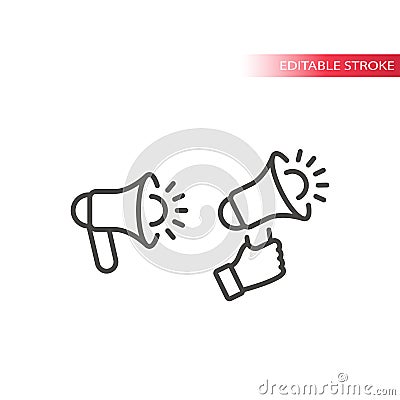 Megaphone or loudspeaker line vector icon. Hand holding bullhorn or blow horn. Vector Illustration