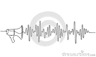 Megaphone, loudspeaker with sound wave. one line drawing Vector Illustration