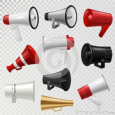 Megaphone realistic 3d high volume speaker device mouthpiece speaking-trumpet vector illustration. Vector Illustration