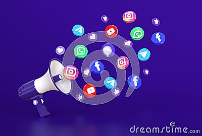 Megaphone with round button social media icons. Social media marketing concept Cartoon Illustration