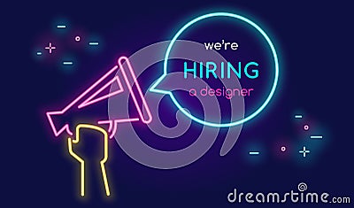 Megaphone shouting out with bubble speech we are hiring a designer Vector Illustration