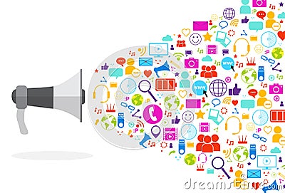 Megaphone Social Media Icons On White Background Network Communication Concept Vector Illustration