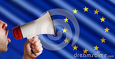 Megaphone speaking announcing against European union flag europe conceptual Stock Photo