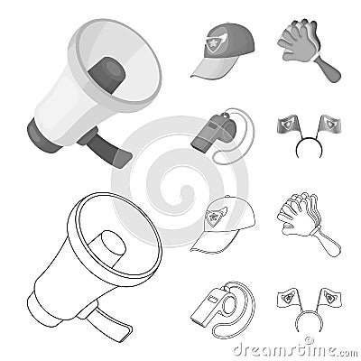 Megaphone, whistle and other attributes of the fans.Fans set collection icons in outline,monochrome style vector symbol Vector Illustration