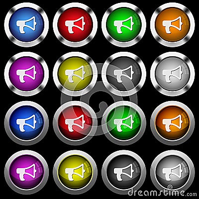 Megaphone white icons in round glossy buttons on black background Stock Photo