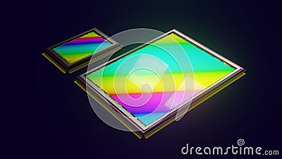 200 megapixel digital camera sensor compared to smaller previous generation sensor, 3D rendering on dark background Stock Photo