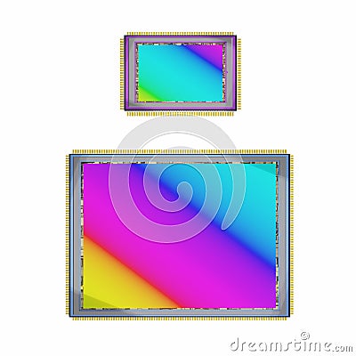 200 megapixel digital camera sensor compared to smaller previous generation sensor, top view isoloated on white, 3D Stock Photo