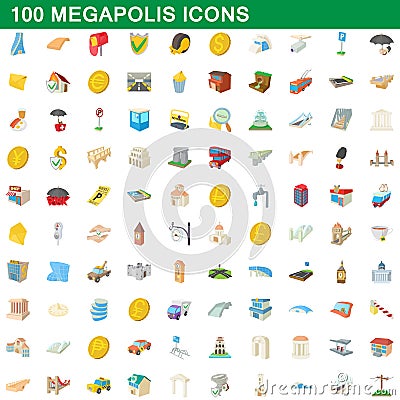 100 megapolis icons set, cartoon style Vector Illustration