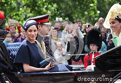 Meghan Markle & Prince Harry stock, London uk, 8 June 2019- Meghan Markle Prince Harry 1st outing since baby. Trooping the colour Editorial Stock Photo