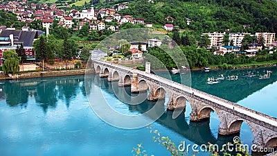 Mehmed Pasha Sokolovic Old Stone historic bridge over Drina river in Visegrad,Bosnia and Herzegovina Stock Photo