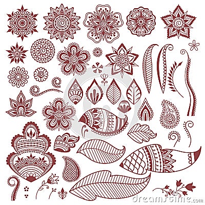 Mehndi henna tattoo flowers and leaves Vector Illustration