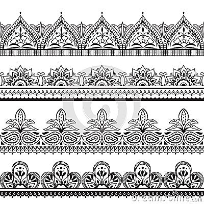 Mehndi indian design. Henna oriental seamless borders. Indian floral ornament vector frames Vector Illustration