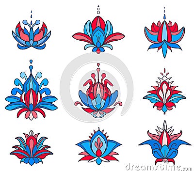 Mehndi set of Henna lotus. Hand drawn tatoo flowers. Floral paisley decorations in oriental, Indian, folk or ethnic style. Vector Illustration