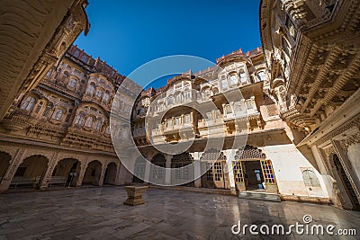 Mehrangarh Fort wall exterior architecture details and carvings. Stock Photo