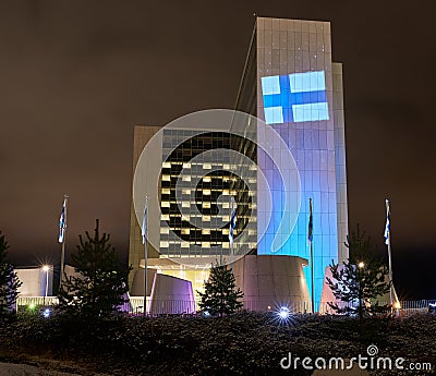 Meilahti Tower Hospital decorated with Finnish flag Editorial Stock Photo