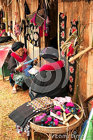 Mein hill tribe embroidery of traditional clothes in Thailand. Editorial Stock Photo