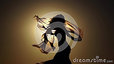 Meisje met een sluier in haar handen het dansen buikdans op het strand Silhouet Langzame Motie stock videobeelden Meisje met een sluier in haar handen het dansen buikdans op het strand Silhouet Langzame Motie stock videobeelden