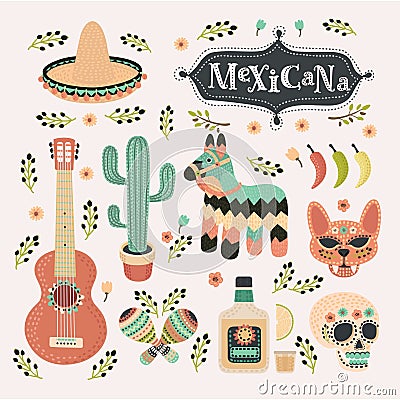 Meixican set in vintage color. Mexicana party icon, siesta, holliday, carnival Vector Illustration